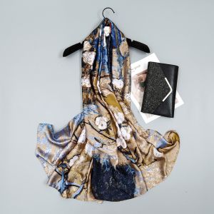 Artistic Blue & Gold Blossom Print Satin Scarf TT346