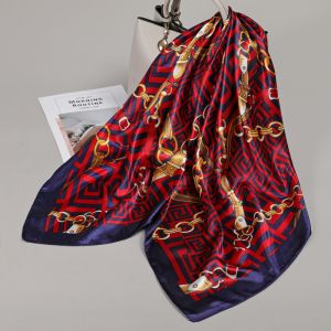 F764 Square neck scarf with chains print in Red/Navy