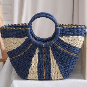 Tropical Escape Woven Beach Bag with Gold Accents