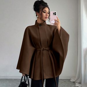 Batwing Cape Jacket with High Neck and Tie-Waist