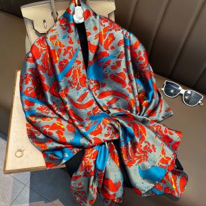 TT238 Abstract print satin scarf in Red/Blue/Grey