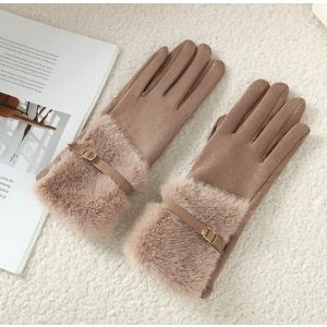 Faux Suede Gloves with Fur and Belt Accent in Khaki HA300