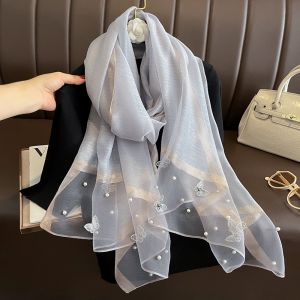Silk Scarf with Embroidered Butterflies & Pearls in Grey SK25