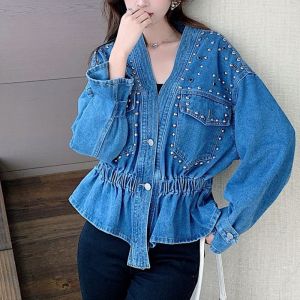 Studded V-Neck Denim Jacket with Elastic Cinch Waist