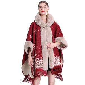 689 Christmas snowflake poncho with faux fur trim in Red