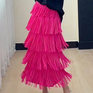 SDK156 Fringe tasseling skirt Maxi Skirt  in Fuchsia