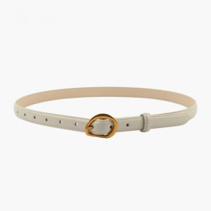 Thin Leather Belt with Gold Buckle in Cream
