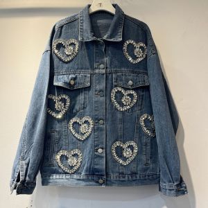 Denim Jacket with Crystal Heart Embellishments