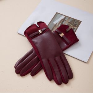 Gold Buckle Detail Faux Leather Gloves in Burgundy LG012