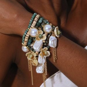 Sage Green Stone & Pearlies Bracelet Stack