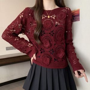 3D Rosette Detail Long Sleeve Knit Lace Top