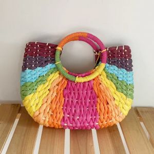 Rainbow Raffia Handbag with Circular Handles