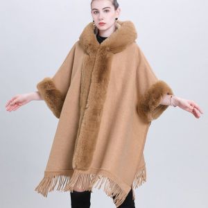 Hooded Poncho Cape with Faux Fur Trim & Fringe