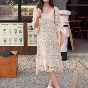 Cream Floral Crochet Maxi Dress