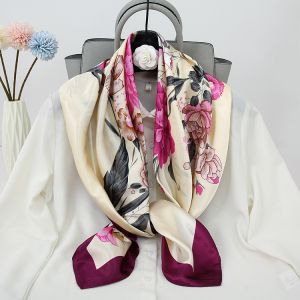 F739 vintage Roses print square silky neck scarf in Cream/Purple