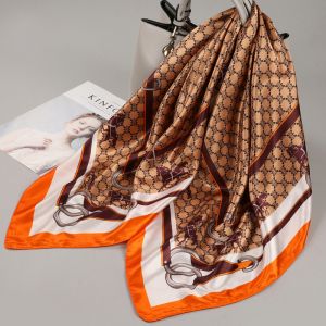 F762 Square neck scarf with horses in Orange/Brown