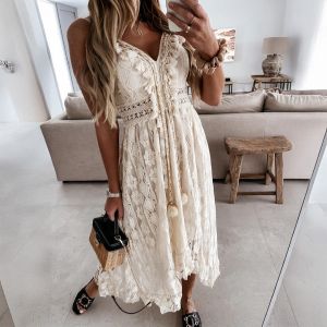 Tassel Detail White Boho Lace Beach Dress Cover-Up