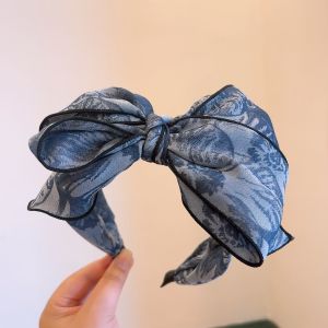 HA838 Oversize bow headband with flowers in Blue Denim