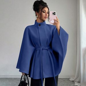 Batwing Cape Jacket with High Neck and Tie-Waist