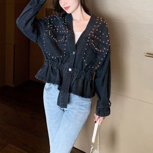 Studded V-Neck Denim Jacket with Elastic Cinch Waist