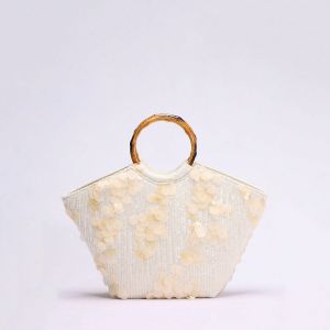 Cream Sequins Bamboo Handle Summer Beach Bag