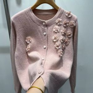 Knit Cardigan with 3D Floral Embroidery