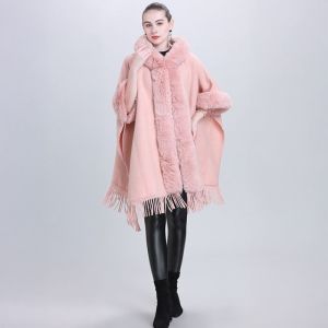 Hooded Poncho Cape with Faux Fur Trim & Fringe