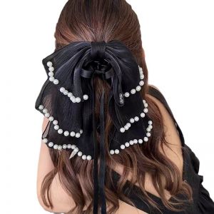 SS49 Silky layers hair bow with pearl details in Black