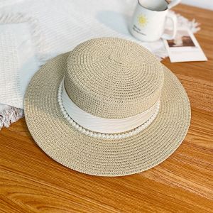 Stylish Summer Hat with Pearl and Ribbon Band in Beige WA204