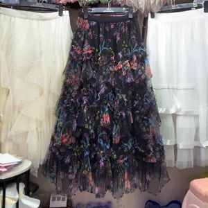 Floral Tiered Tulle Maxi Skirt with Pearl Trim