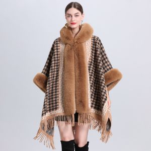 855 check and G print snuggling poncho in Taupe