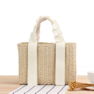 A177 Natural straw square handbag with Cream fabric handles