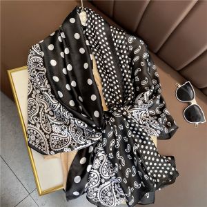 TT235 Polka dots and leaves satin scarf in Black