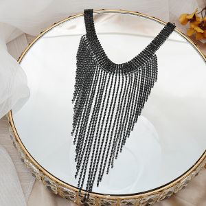EUR406 Long tassels crystals necklace in Black