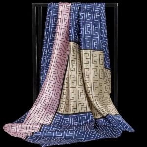 F737 three tones square neck silky scarf in Navy/Beige/Baby Pink