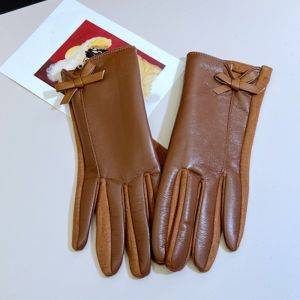 Elegant Faux Leather Gloves with Bow Detail in Brown LG008