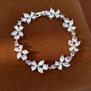 Silver Tone Lilac Crystal Flower Bracelet