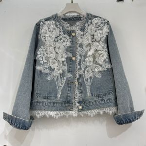 Lace & 3D Floral Applique Embellished Denim Jacket