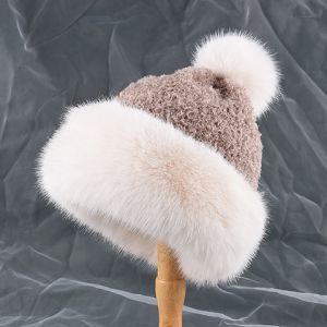 Faux Fur Trim Hat with Pom Pom in Beige SD124