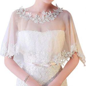 White Lace Bridal Capelet Sheer Tulle Shawl with Floral Applique