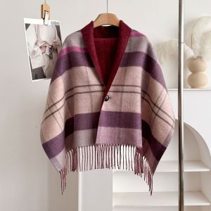 Light Plaid Fringe Poncho Cape Wrap