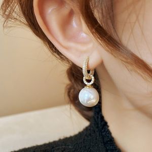 Gold Double Link Huggie Hoop Earrings with Faux Pearl