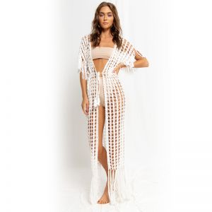SDK077 long crochet Beach dress in pure White