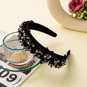 HA773 leather flowers and pearl mix headband in Black