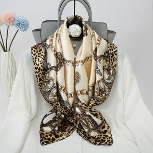 F738 Leopard chain print square silky neck scarf in Cream