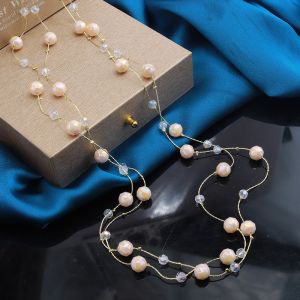 EUR411 Shimmery beaded long necklace in Champagne