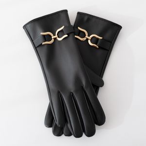 Faux Leather Gloves with Gold Buckle Detail in Black LG007