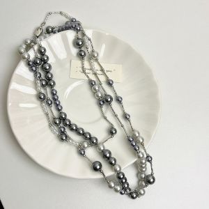 EUR408 Chunky pearls long necklace in Pewter/Grey
