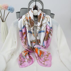 F751 Chains print neck scarf in Cream/Baby Pink
