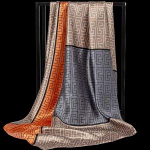F737 three tones square neck silky scarf in Grey/Orange/Taupe